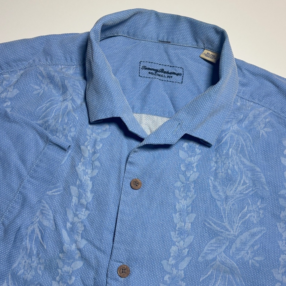 Tommy Bahama Silk Hawaiian Shirt Mens XL Blue Jacquard Floral Original fit Aloha